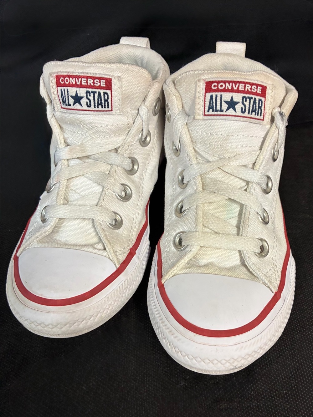 Converse Kids White Low Top Sneakers with Red and Blue Trim
